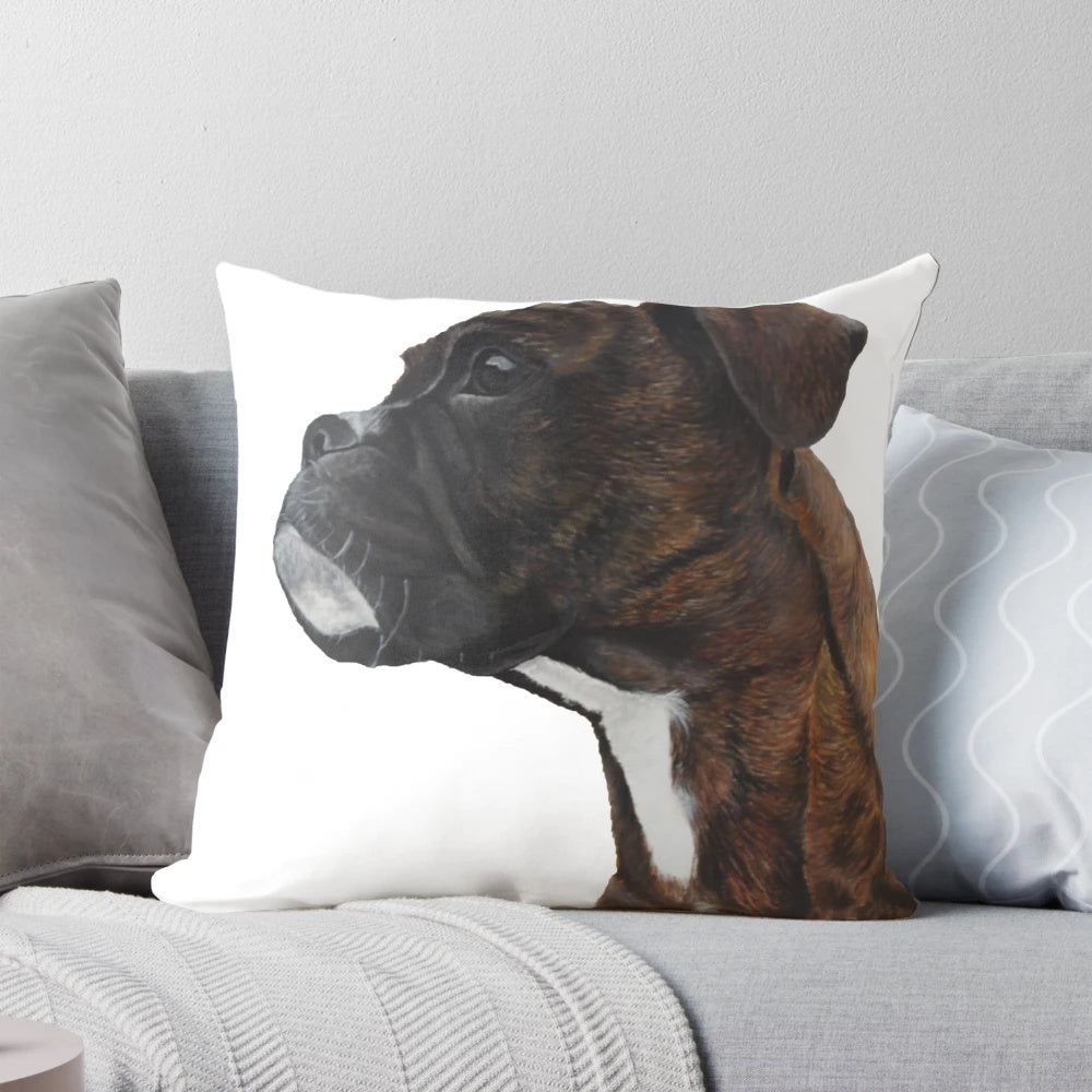 Brindle boxer dog portrait on a decorative throw pillow