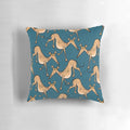 Brindle-colored cartoon-style pillow design featuring greyhounds, whippets, and other hounds