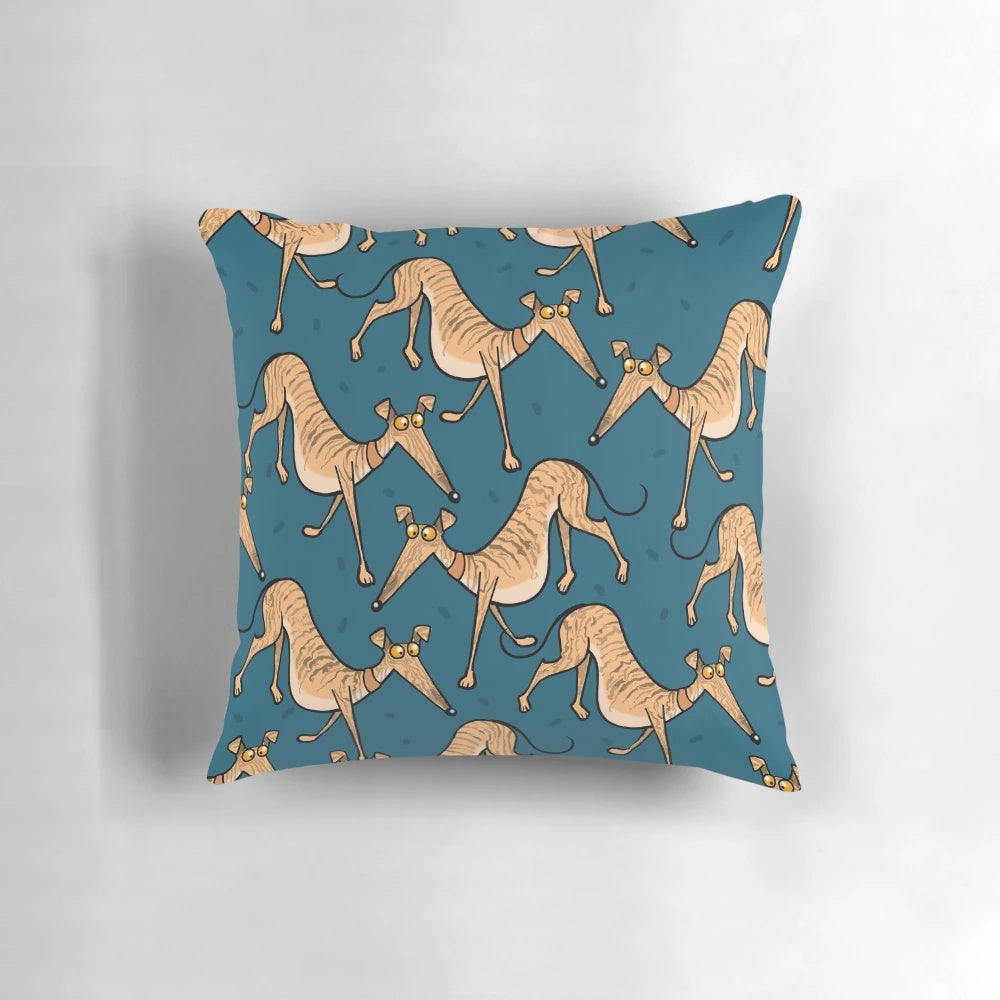Brindle-colored cartoon-style pillow design featuring greyhounds, whippets, and other hounds