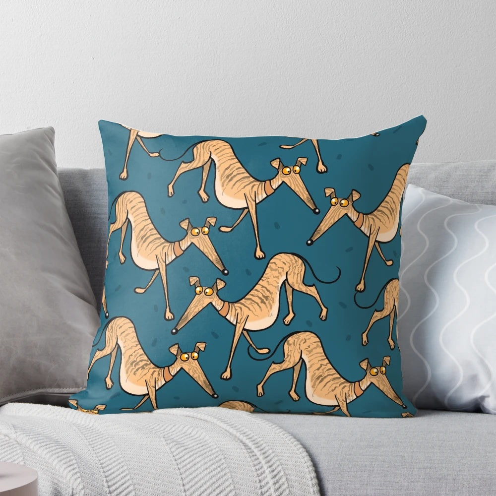 Brindle-colored cartoon-style pillow design featuring greyhounds, whippets, and other hounds