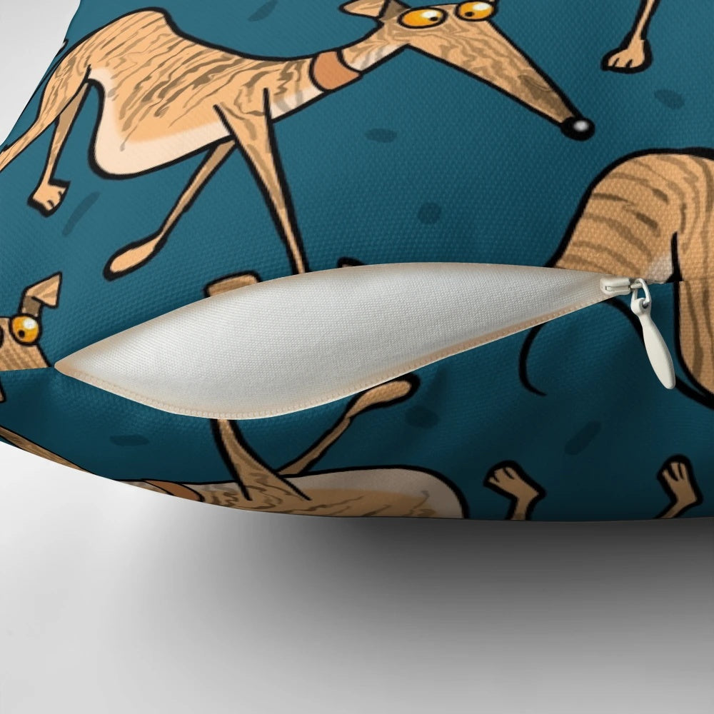 Brindle-colored cartoon-style pillow design featuring greyhounds, whippets, and other hounds