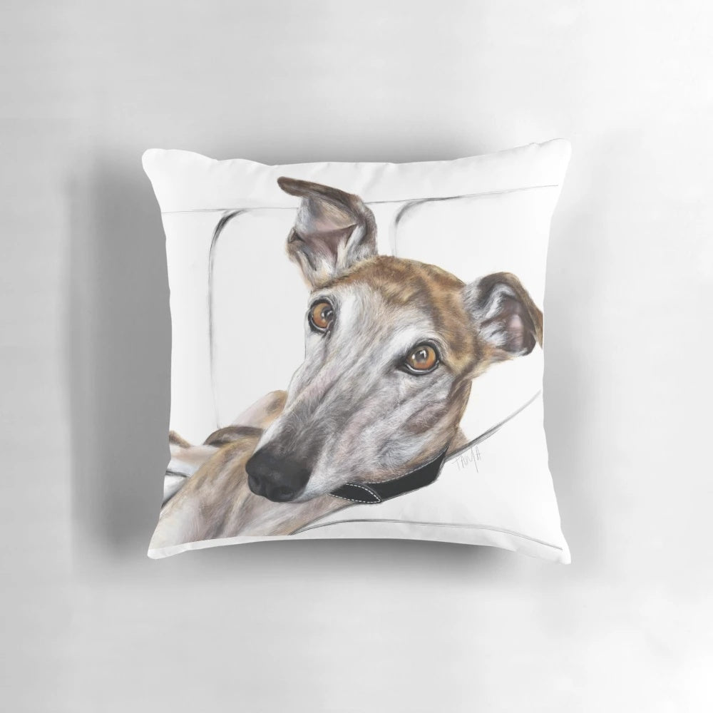 A high-quality pillow featuring a beautiful brindle greyhound artwork design.