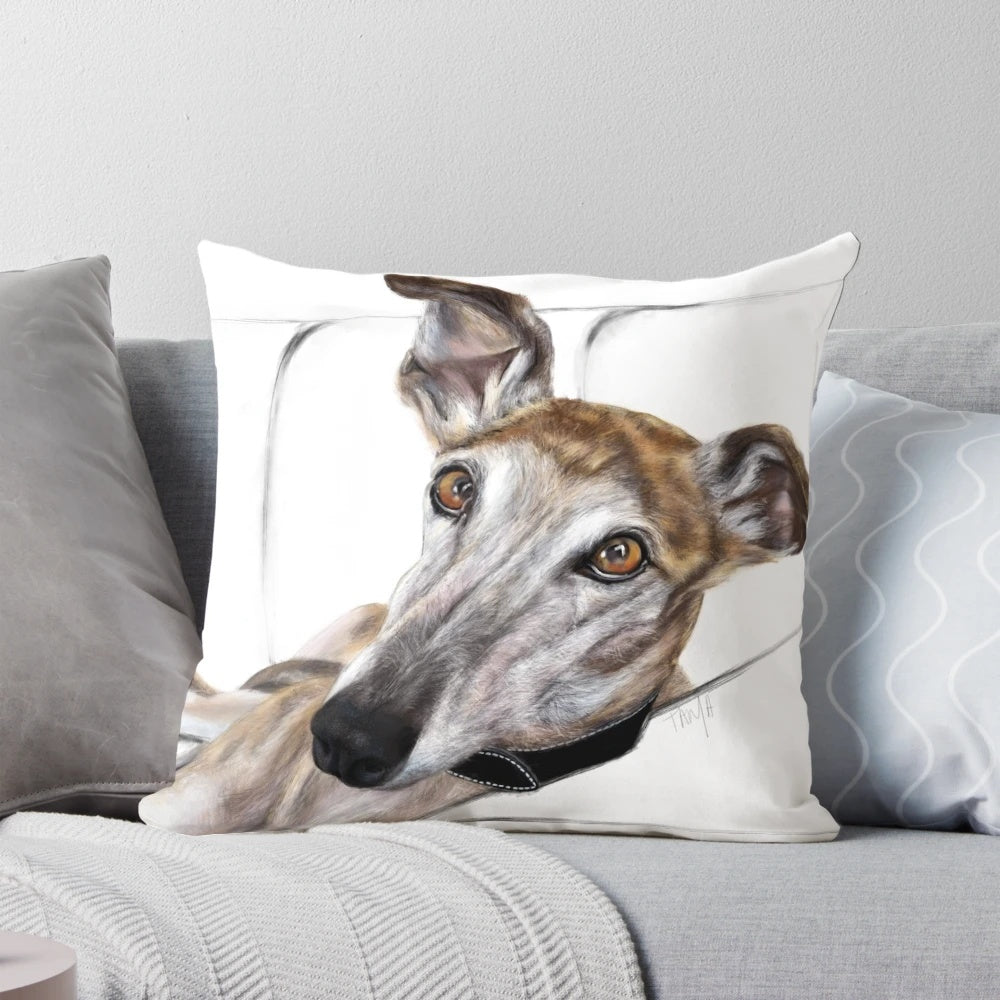 A high-quality pillow featuring a beautiful brindle greyhound artwork design.