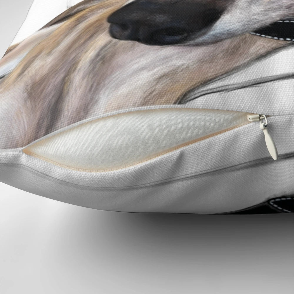 A high-quality pillow featuring a beautiful brindle greyhound artwork design.