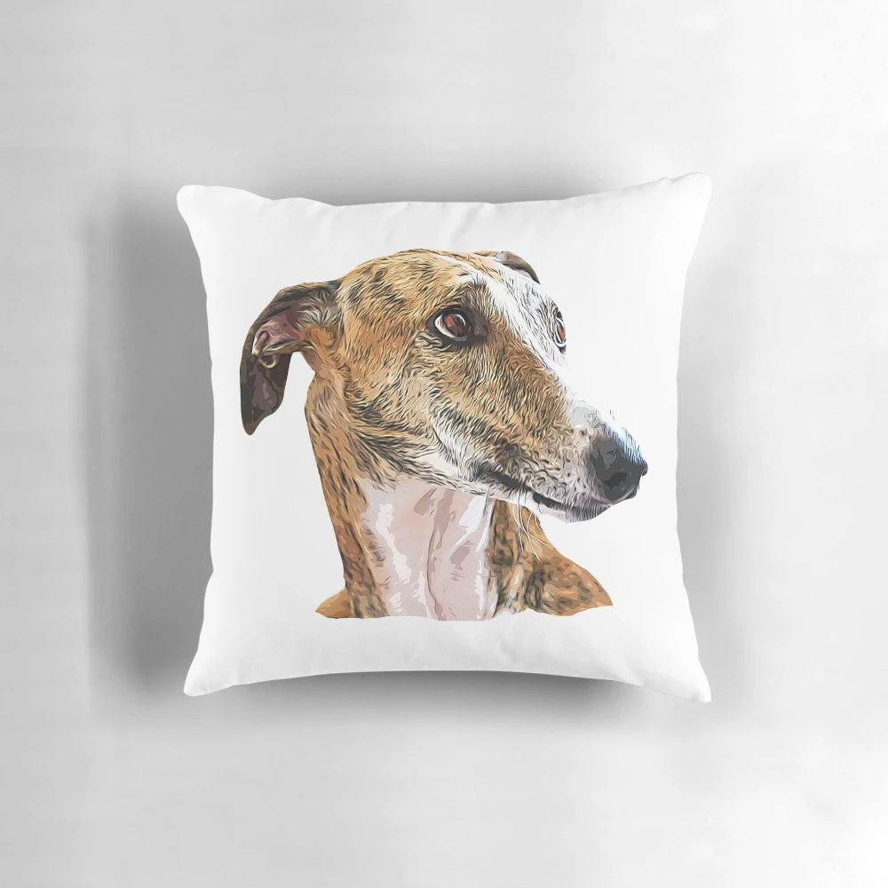 Soft, plush pillow featuring a brindle greyhound's face, perfect for greyhound lovers and dog owners.