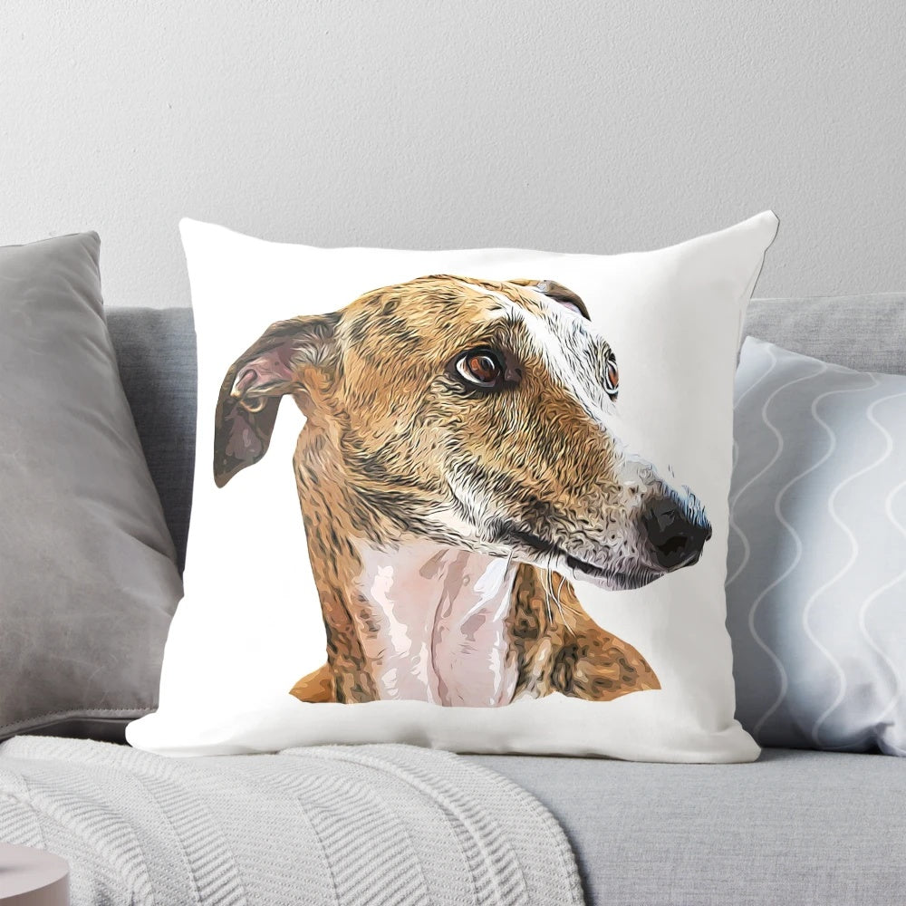Soft, plush pillow featuring a brindle greyhound's face, perfect for greyhound lovers and dog owners.