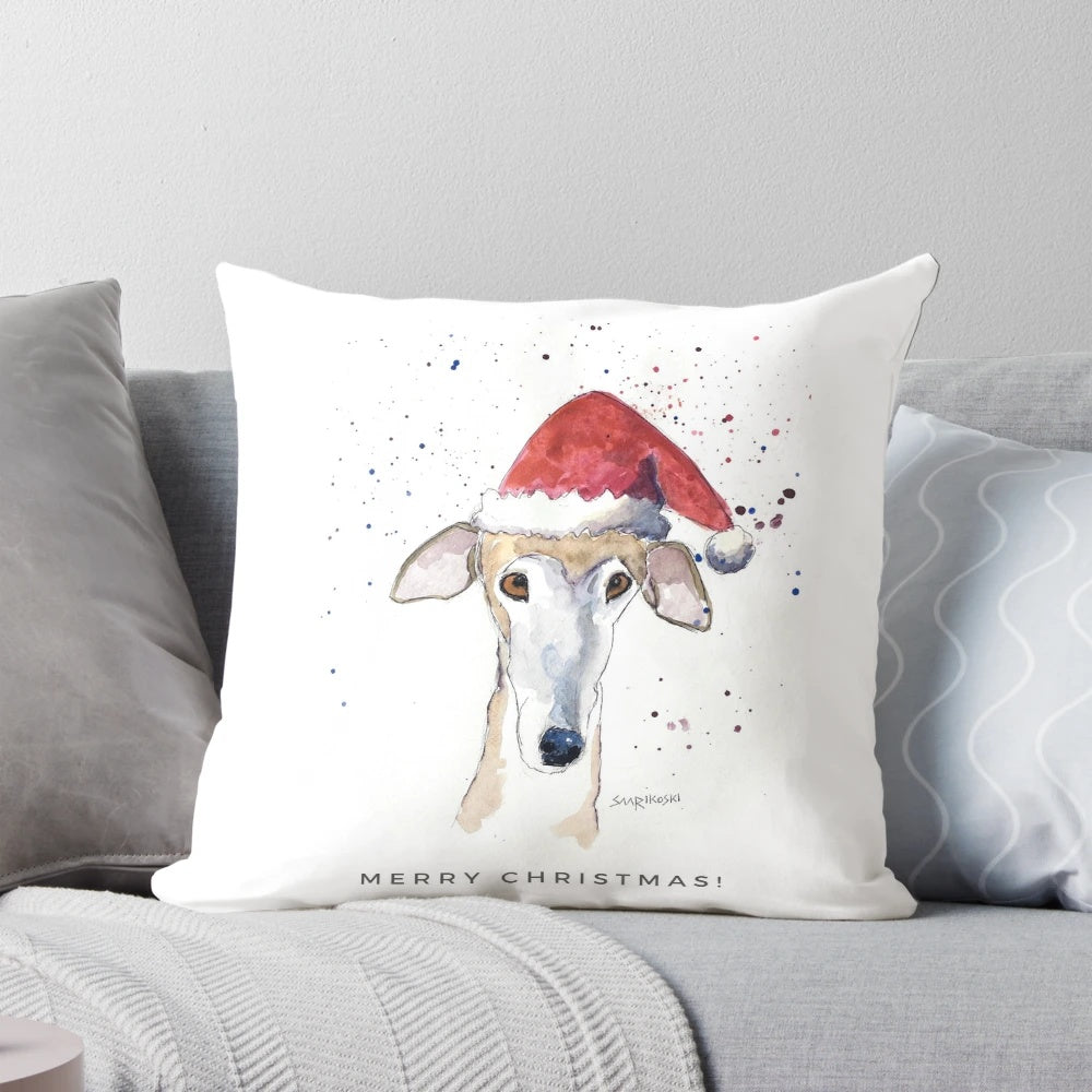Brindle sighthound wearing a Christmas hat, a cozy pillow design for greyhound and galgo espanol dog lovers.