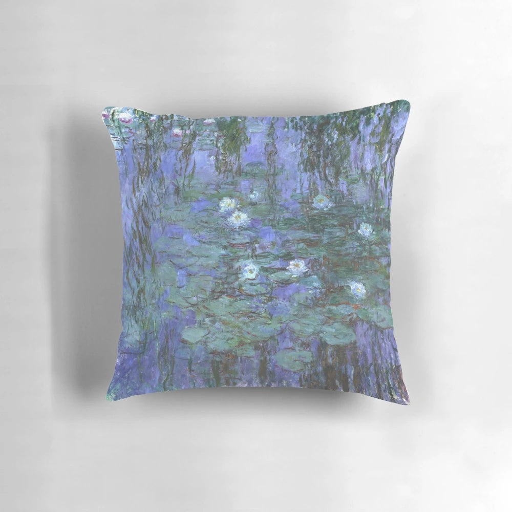 Vibrant Monet-inspired throw pillow featuring blue water lilies and nature-inspired imagery