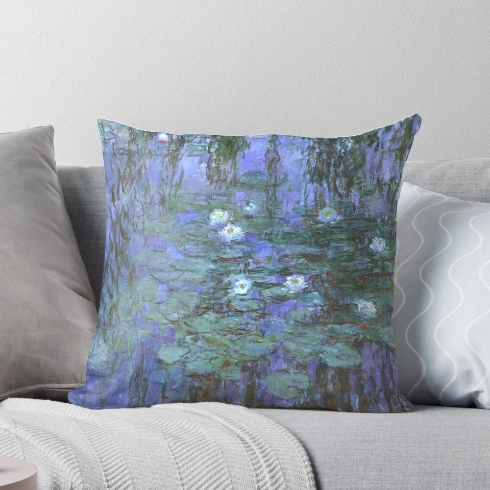 Vibrant Monet-inspired throw pillow featuring blue water lilies and nature-inspired imagery