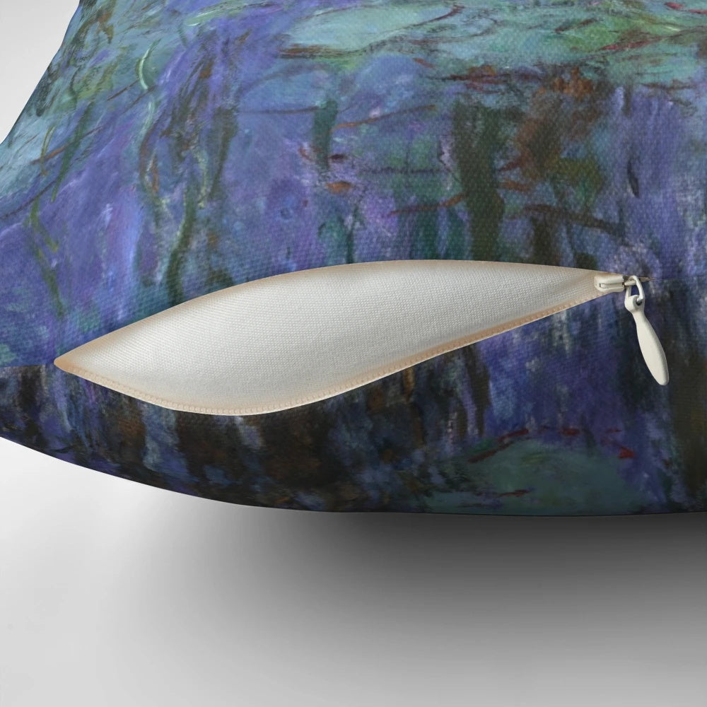 Vibrant Monet-inspired throw pillow featuring blue water lilies and nature-inspired imagery