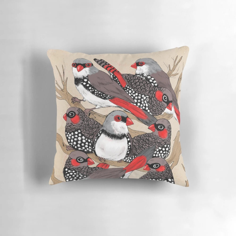 Firetails Pillow featuring a vibrant illustration of Australian firetail finches perched on branches