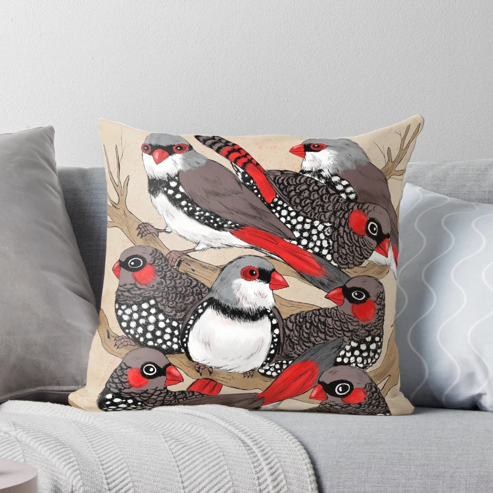 Firetails Pillow featuring a vibrant illustration of Australian firetail finches perched on branches