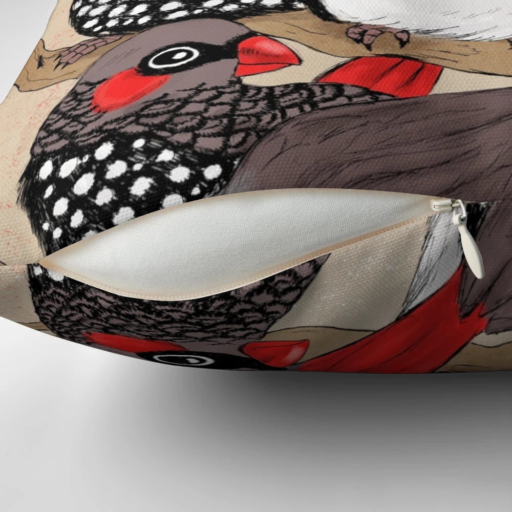 Firetails Pillow featuring a vibrant illustration of Australian firetail finches perched on branches