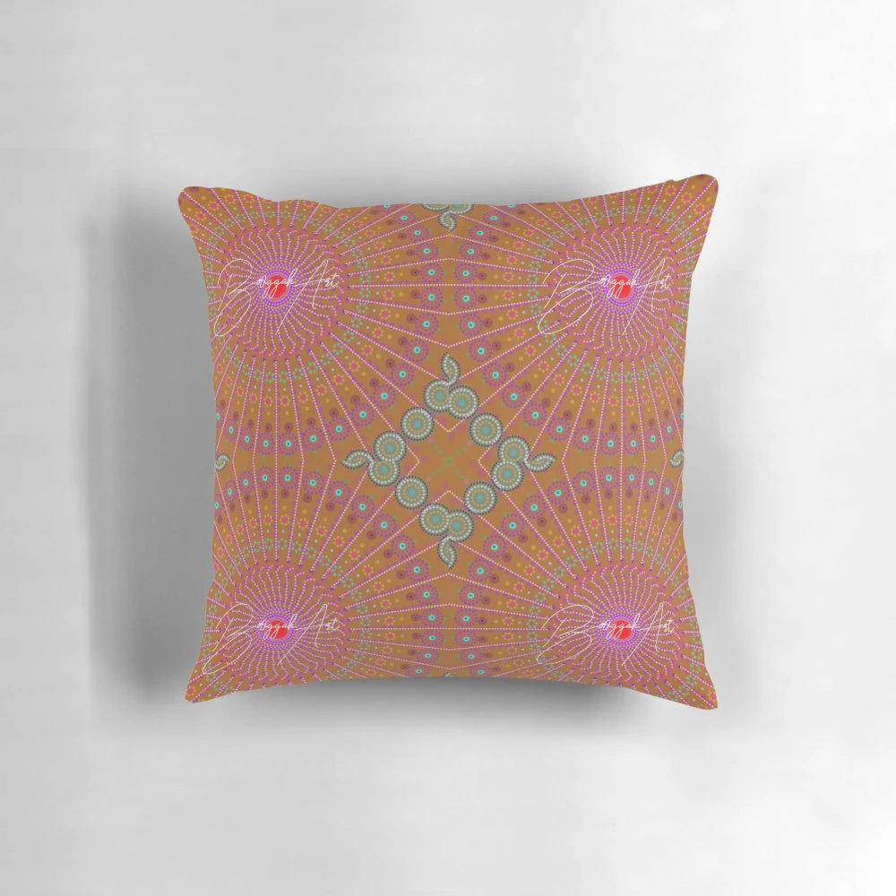 Pilbara Wildflowers Pillow, featuring vibrant digital artwork inspired by Aboriginal stories and the Australian outback