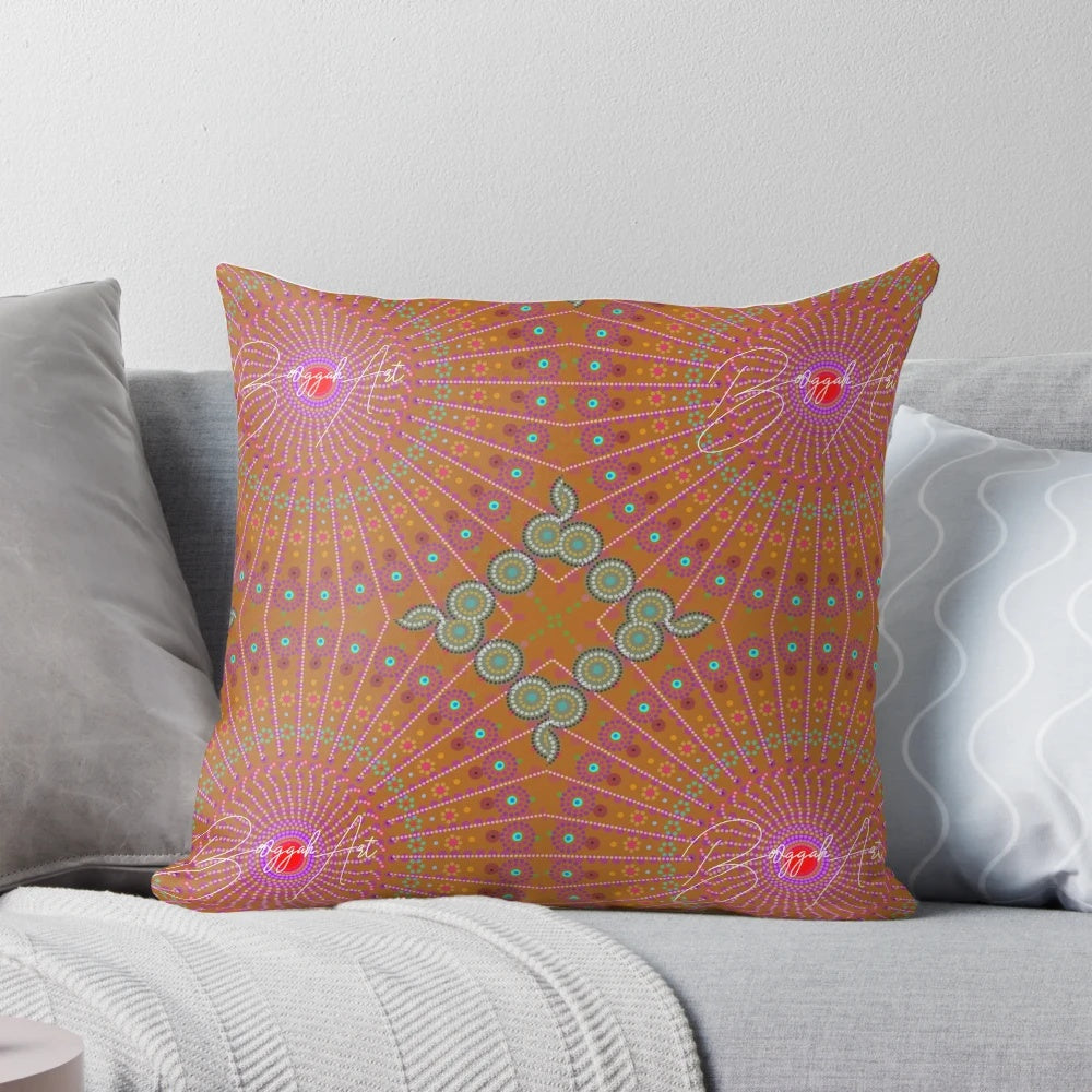 Pilbara Wildflowers Pillow, featuring vibrant digital artwork inspired by Aboriginal stories and the Australian outback