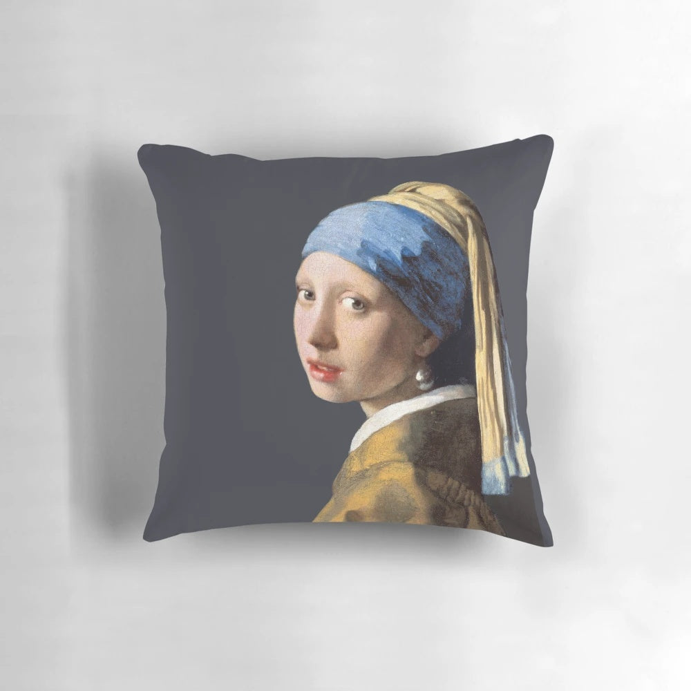 Decorative throw pillow featuring Vermeer's iconic painting "Girl with a Pearl Earring