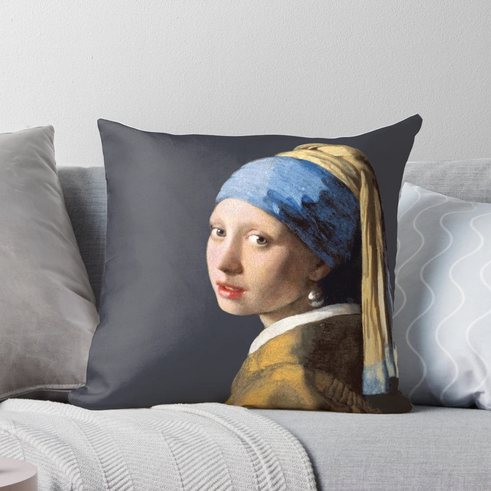 Decorative throw pillow featuring Vermeer's iconic painting "Girl with a Pearl Earring