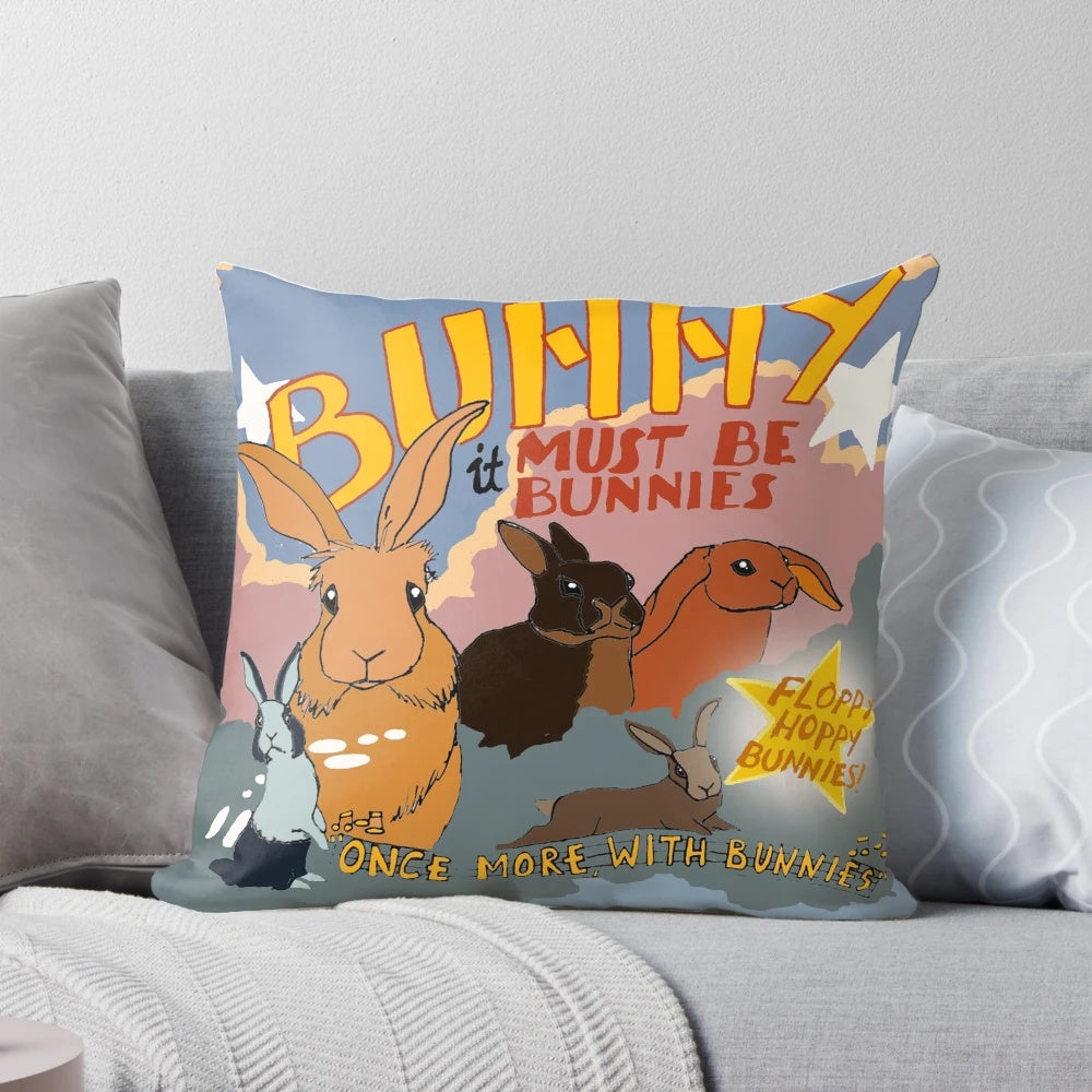 A cozy, decorative pillow featuring bunnies and the "Once More with Feeling" theme from Buffy the Vampire Slayer.