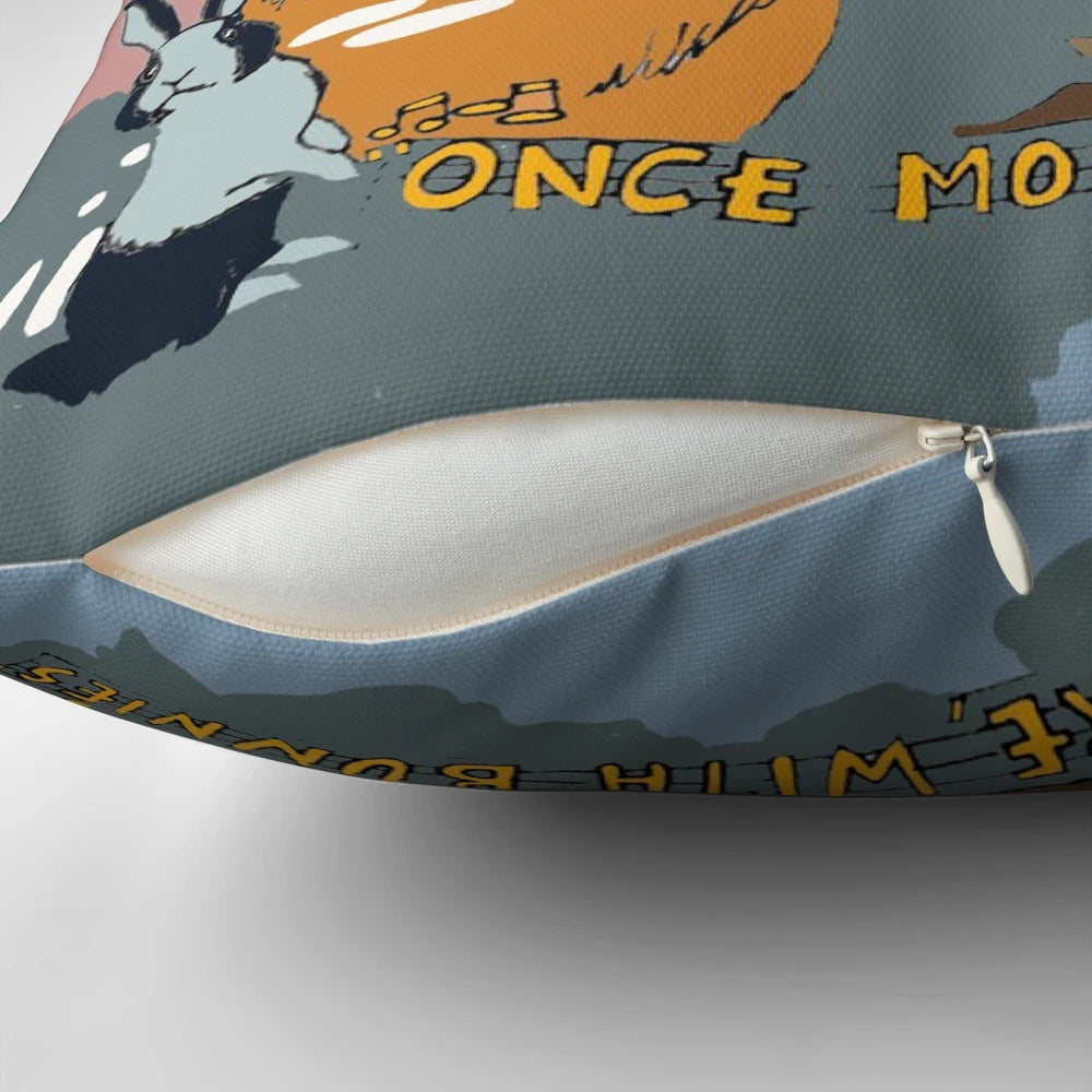 A cozy, decorative pillow featuring bunnies and the "Once More with Feeling" theme from Buffy the Vampire Slayer.