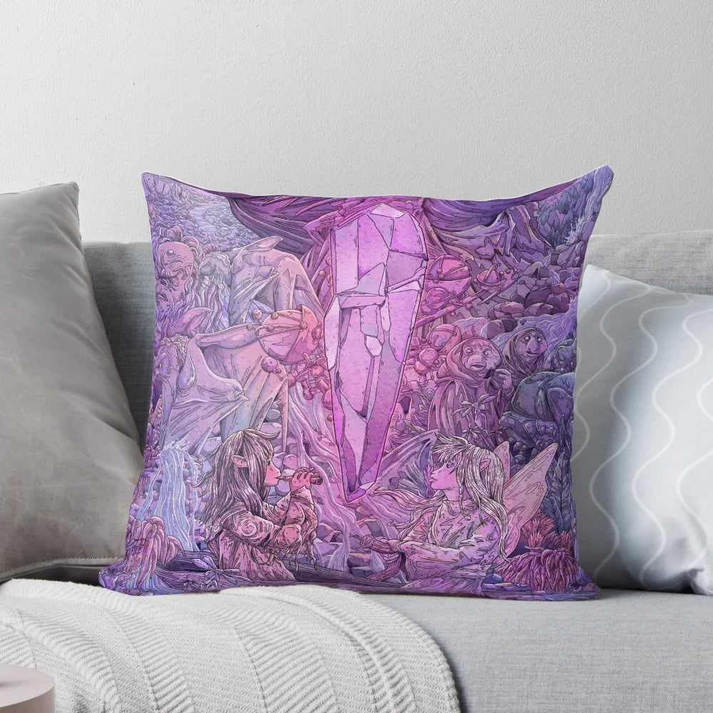 Pillow featuring intricate fan art design inspired by the classic fantasy film 'The Dark Crystal' by Jim Henson