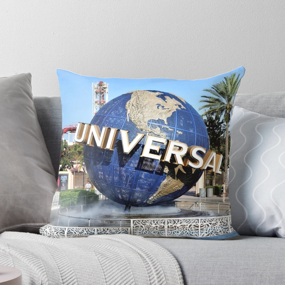 Soft and plush Universal Studios globe pillow featuring the iconic blue earth design