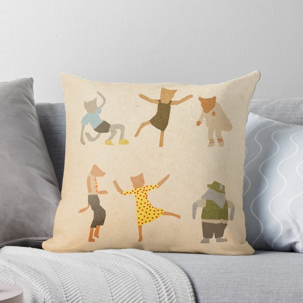 Colorful pillow inspired by the Wes Anderson film "Fantastic Mr. Fox" with the lyrics "Let Her Dance" printed on it.