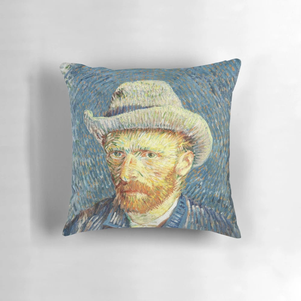 Vibrant and expressive pillow featuring Vincent Van Gogh's iconic self-portrait painting