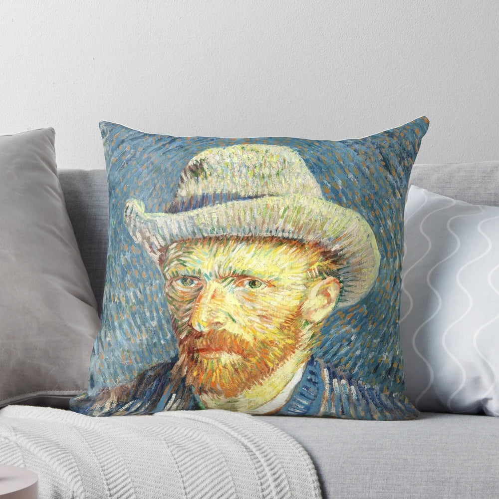 Vibrant and expressive pillow featuring Vincent Van Gogh's iconic self-portrait painting