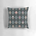 A blue pillow with a British hooky, webtoon-inspired pattern featuring witches, diamonds, and a playful design.