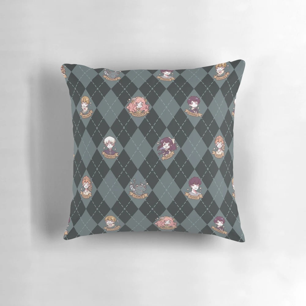 A blue pillow with a British hooky, webtoon-inspired pattern featuring witches, diamonds, and a playful design.
