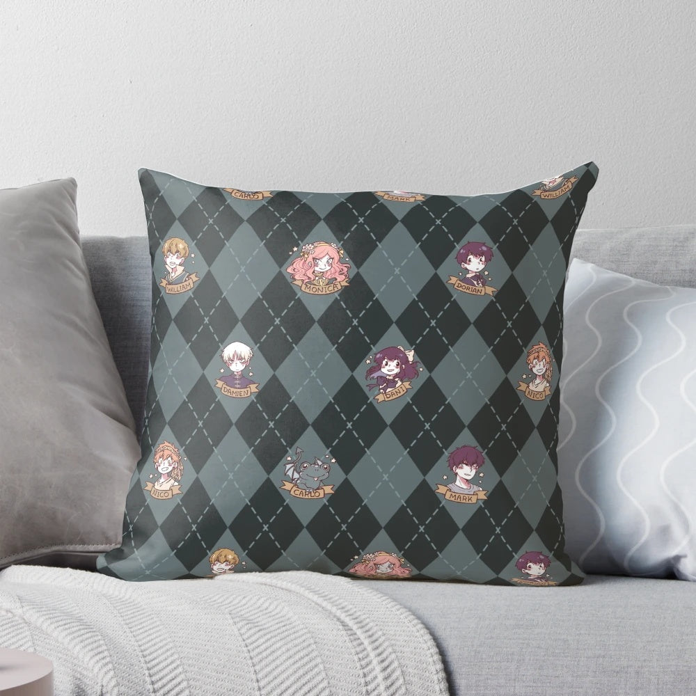 A blue pillow with a British hooky, webtoon-inspired pattern featuring witches, diamonds, and a playful design.