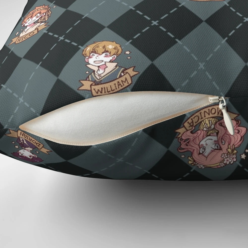 A blue pillow with a British hooky, webtoon-inspired pattern featuring witches, diamonds, and a playful design.