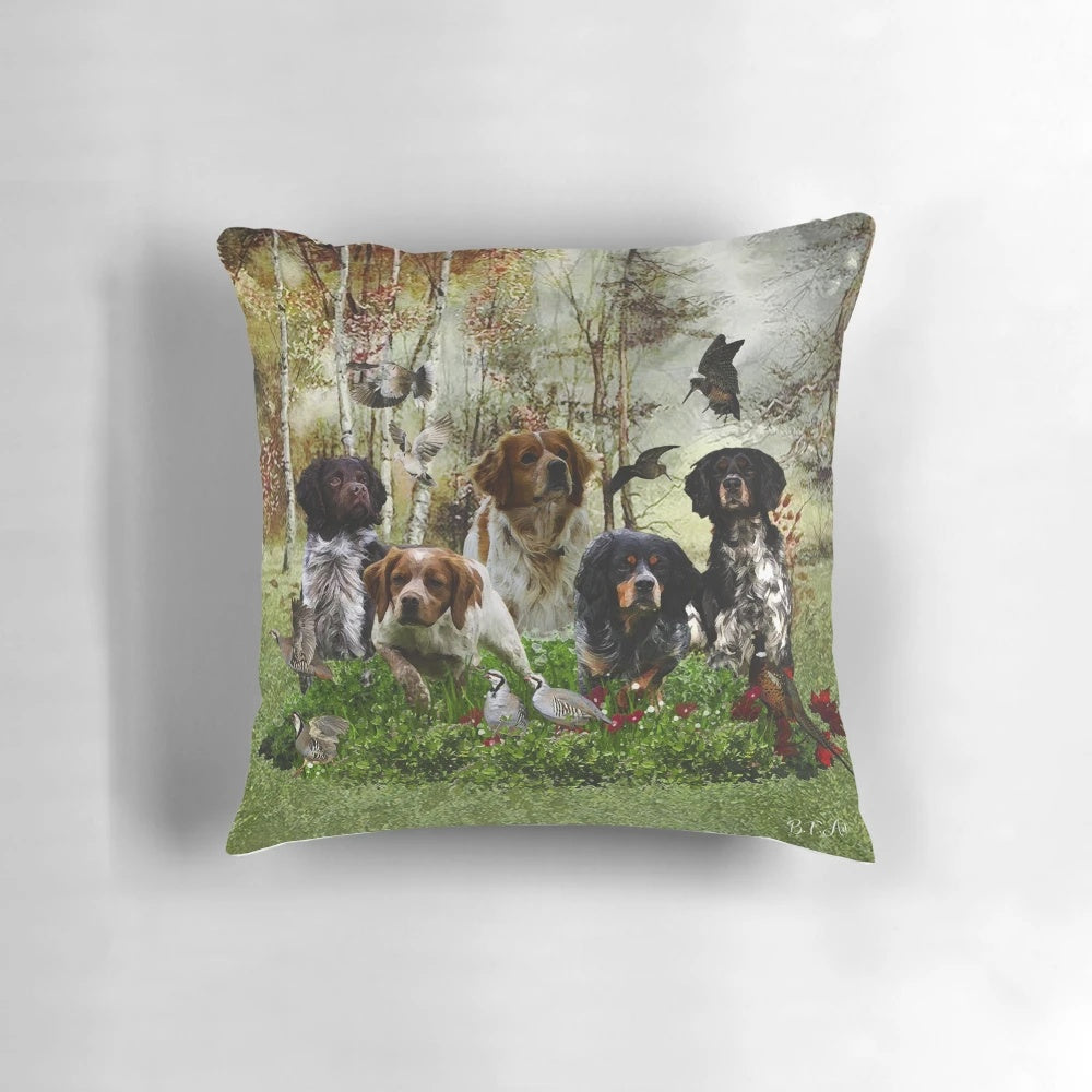 Brittany Spaniel bird hunting pillow showcasing the breed's natural hunting abilities