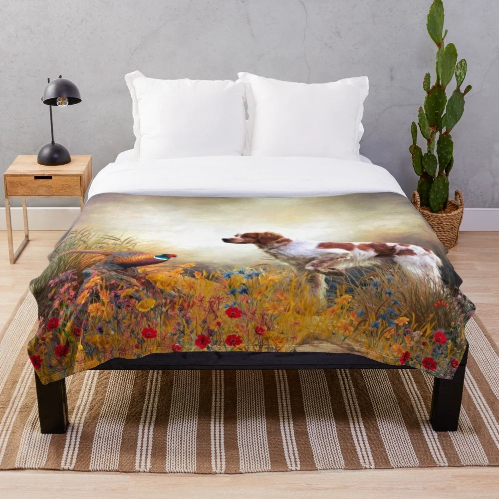 Brittany Spaniel hunting pheasant in scenic artwork on a plush blanket