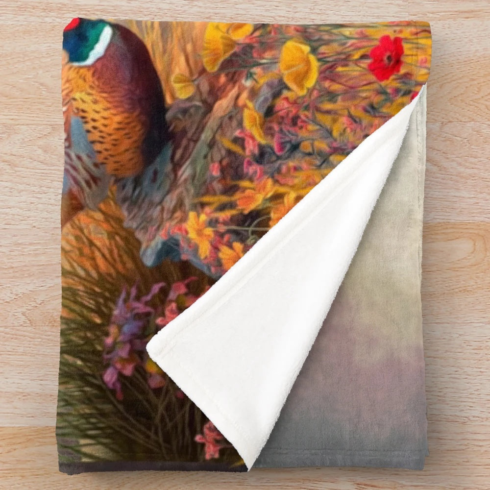 Brittany Spaniel hunting pheasant in scenic artwork on a plush blanket