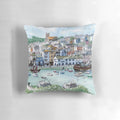 Cozy pillow featuring a picturesque fishing village scene in Brixham, Devon, England.