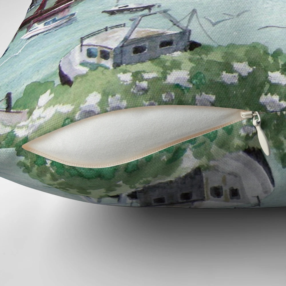 Cozy pillow featuring a picturesque fishing village scene in Brixham, Devon, England.