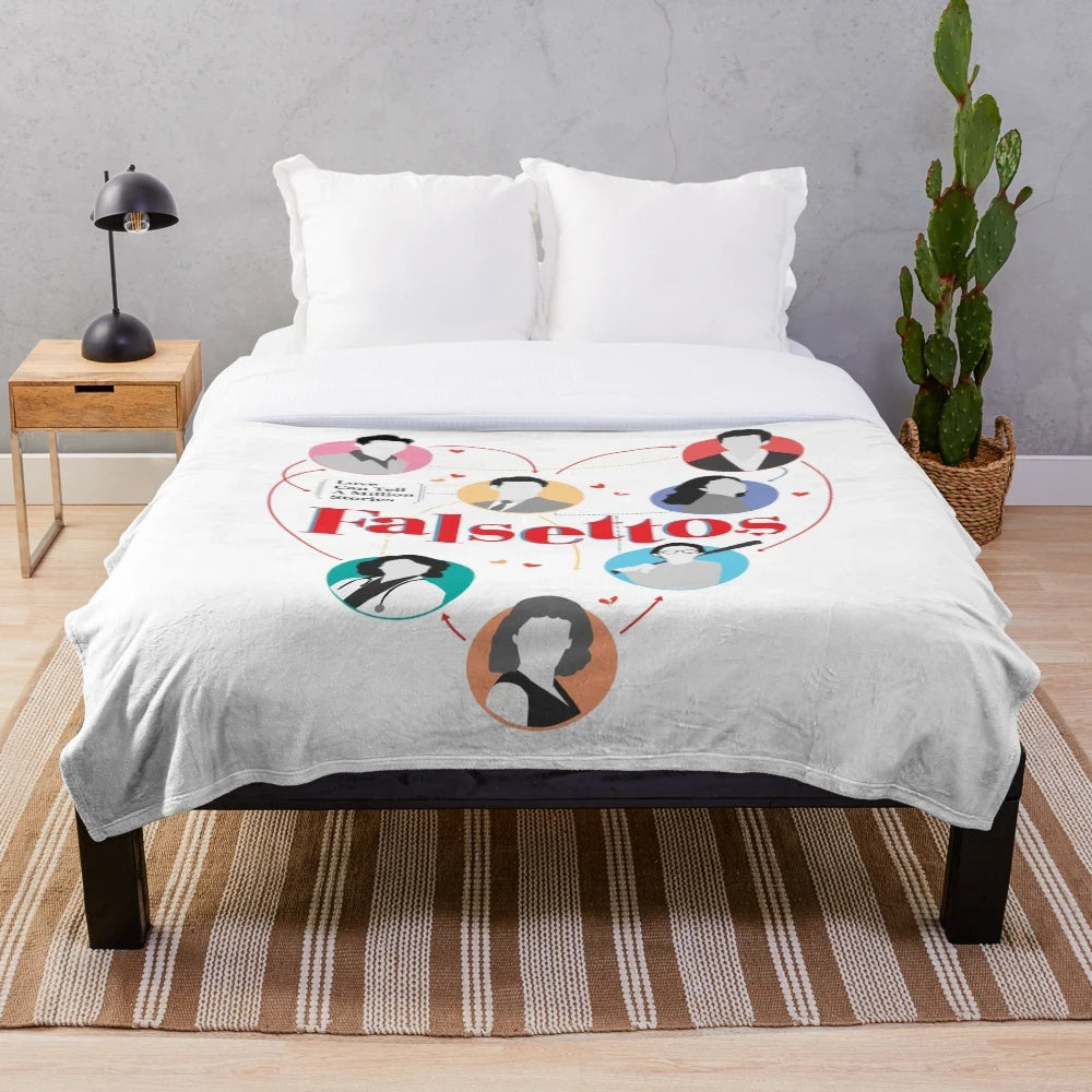 Falsettos-inspired plush blanket with musical theatre elements
