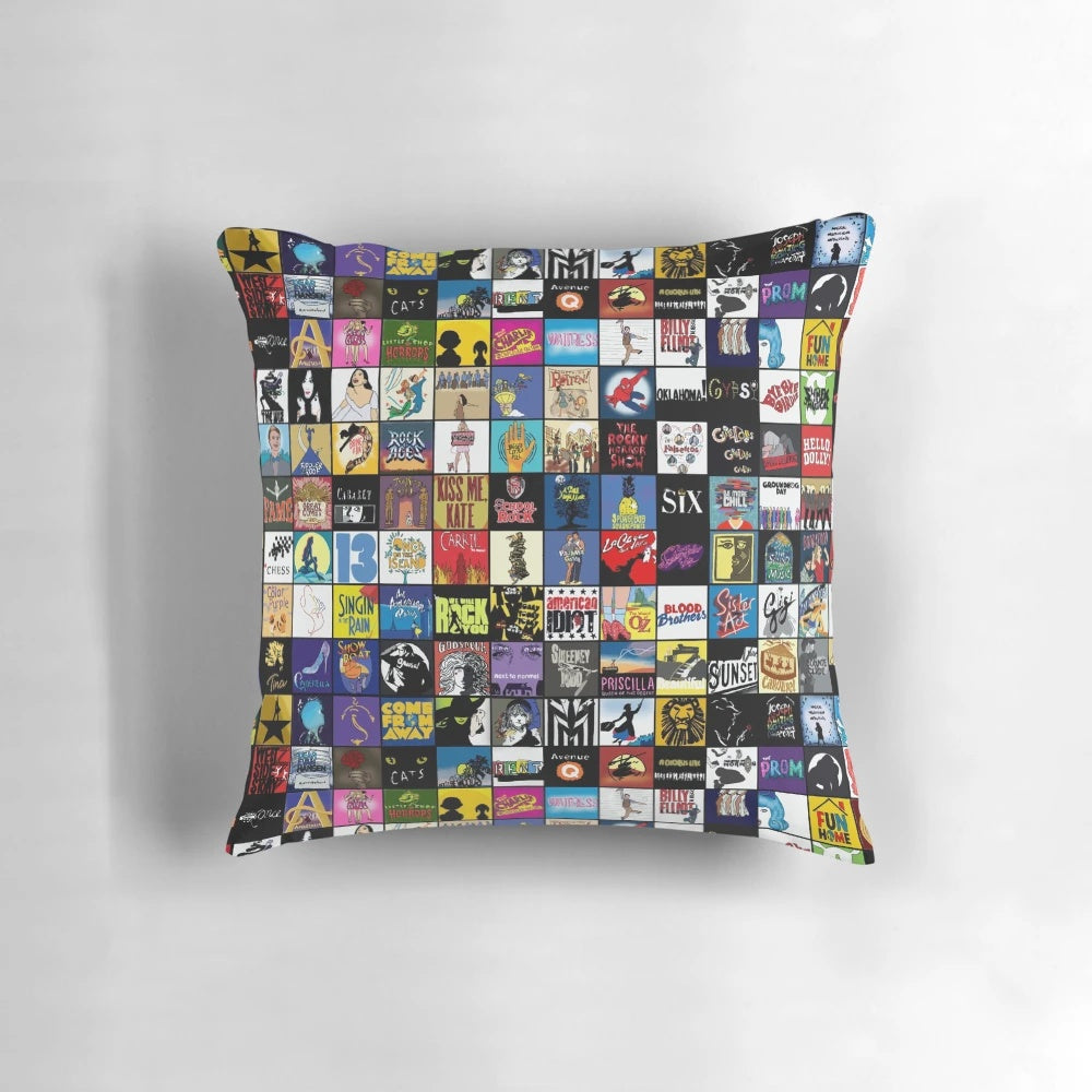 Decorative pillow featuring hand drawn broadway musical theatre logos
