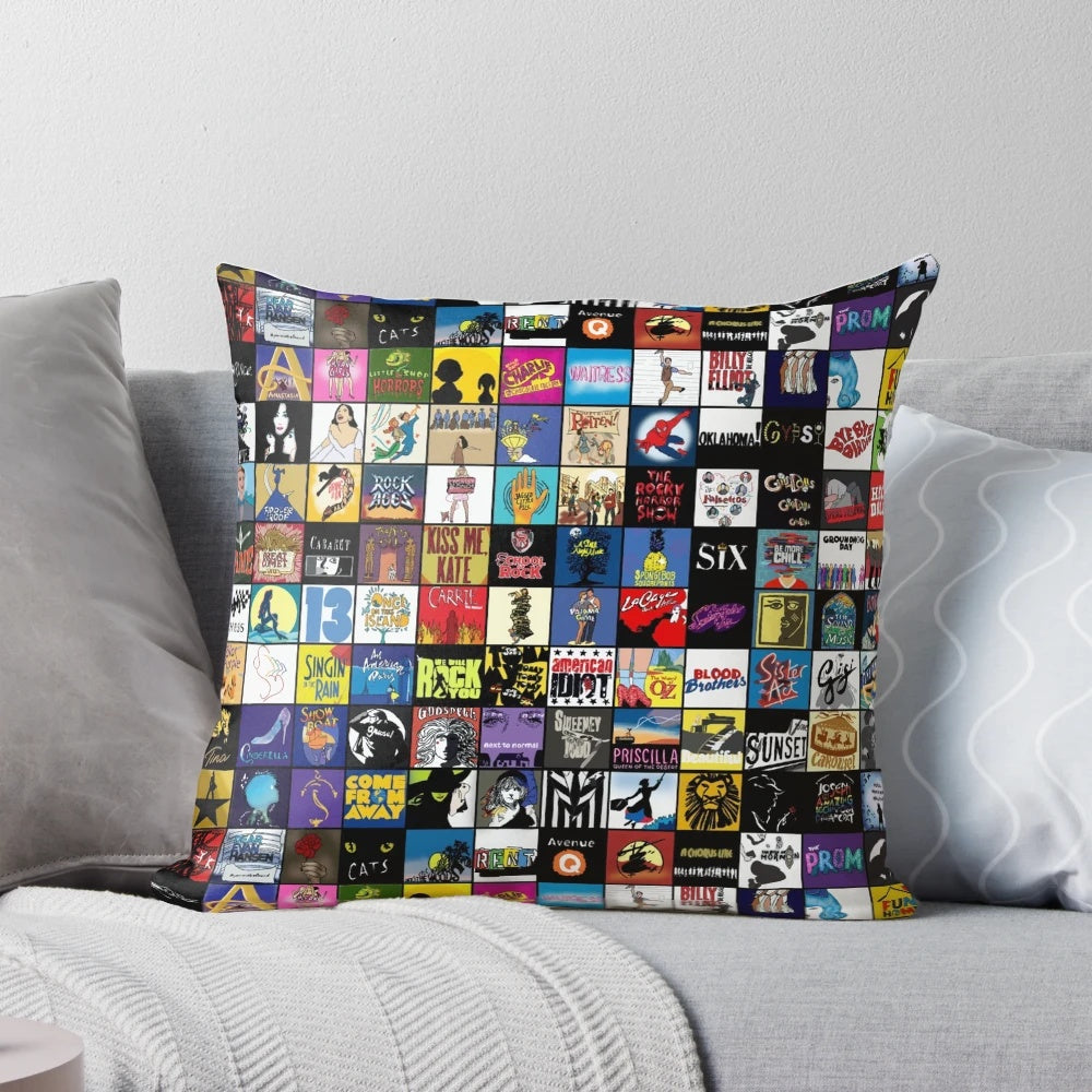 Decorative pillow featuring hand drawn broadway musical theatre logos