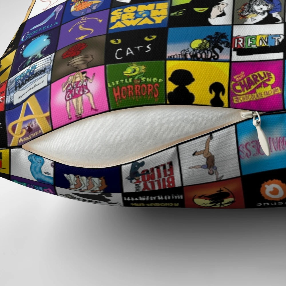 Decorative pillow featuring hand drawn broadway musical theatre logos