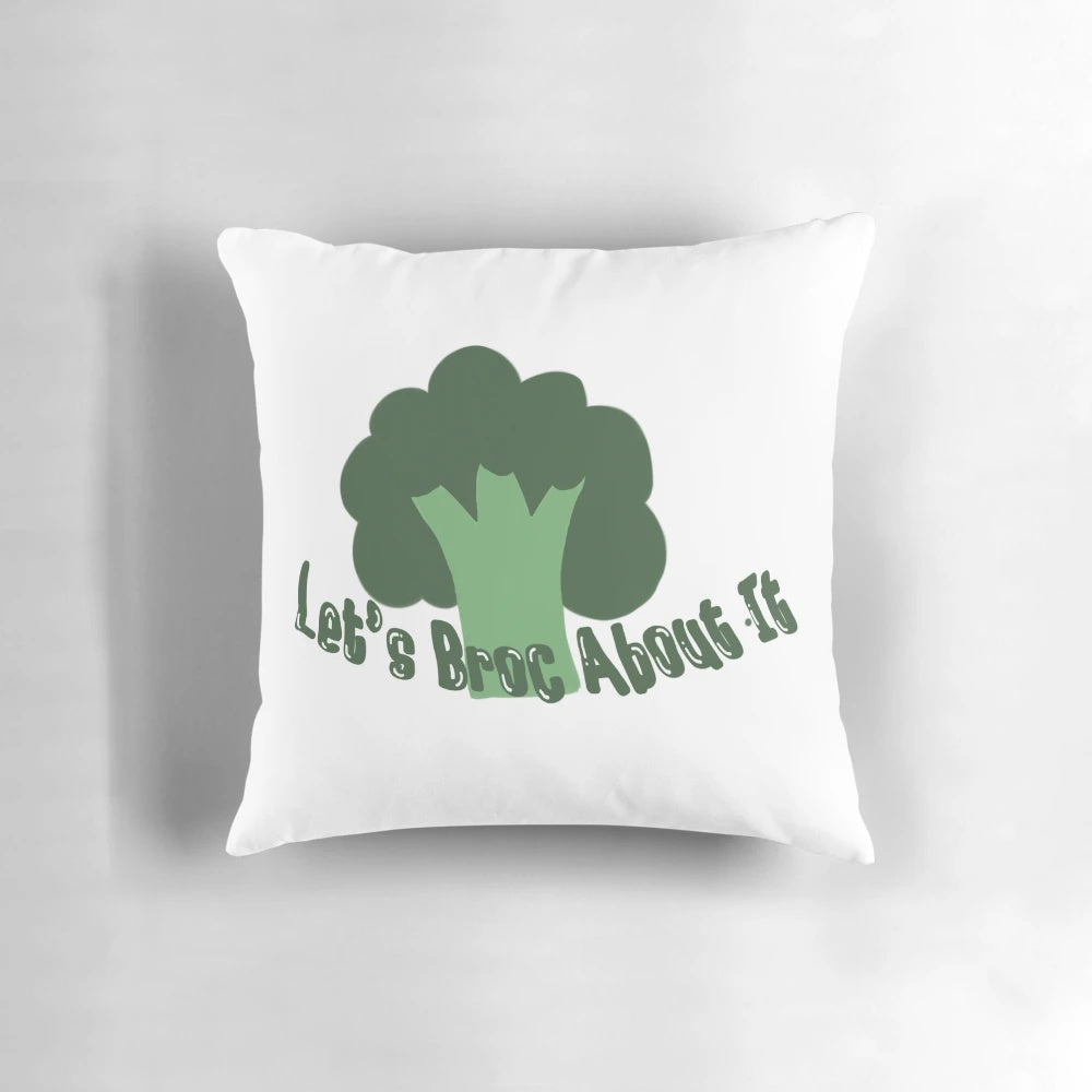 Let's Broc About It" pillow featuring a cute broccoli design, perfect for adding a touch of humor to your home decor.