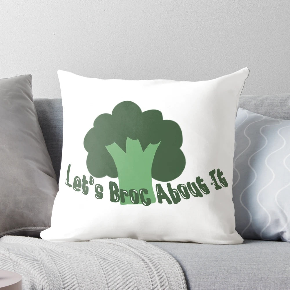 Let's Broc About It" pillow featuring a cute broccoli design, perfect for adding a touch of humor to your home decor.