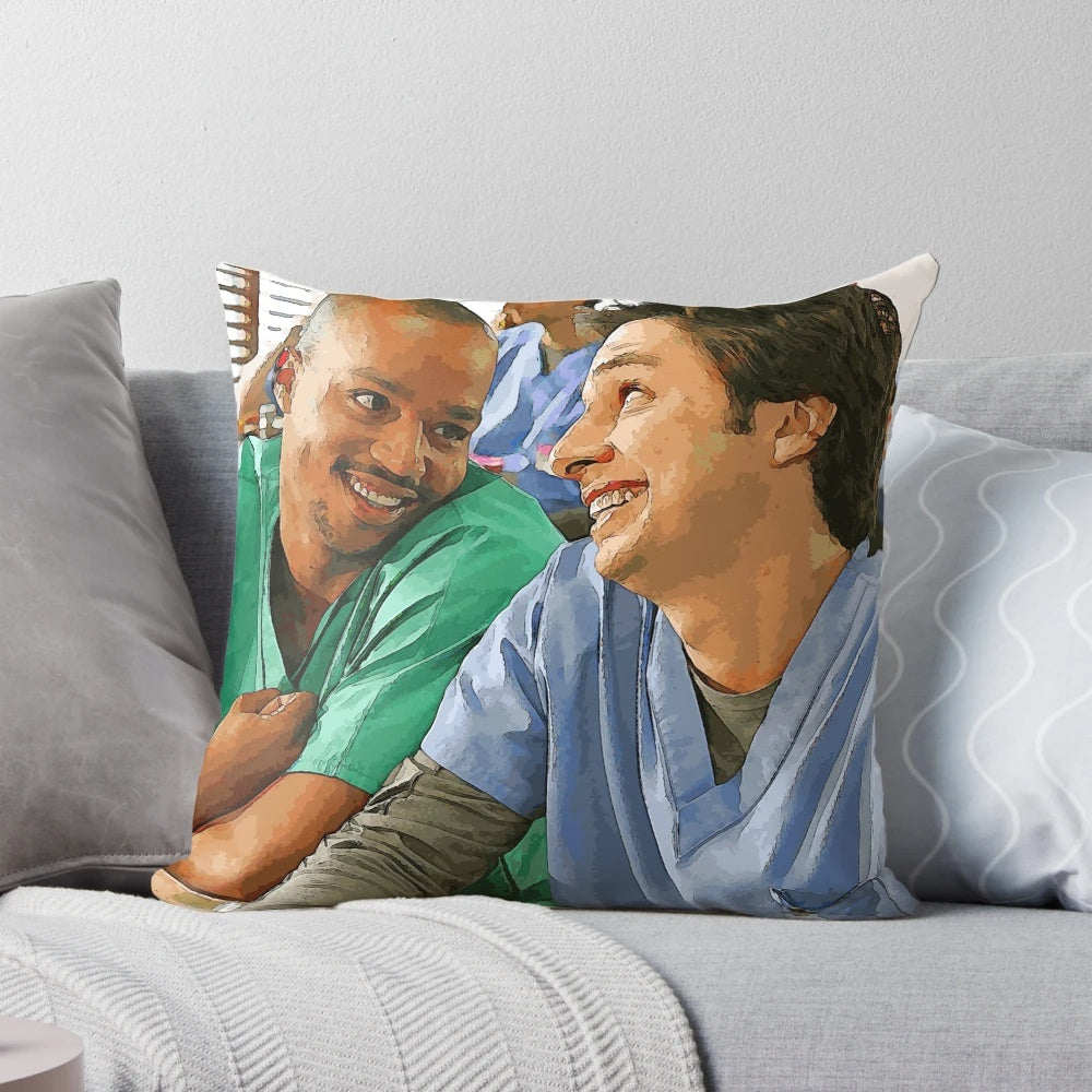 Bromance-themed pillow featuring two cartoon characters hugging