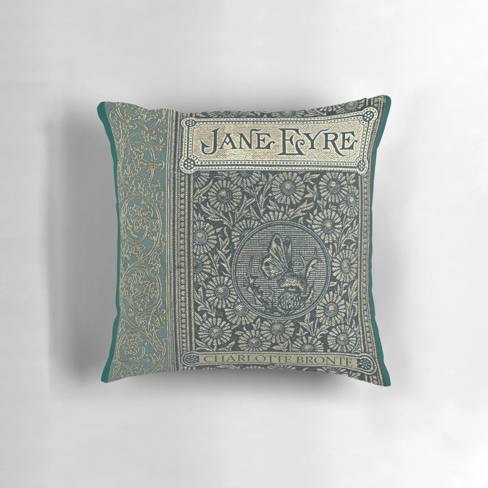 Vintage-inspired Jane Eyre book cover design printed on a cozy pillow