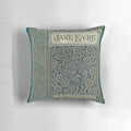 Vintage-inspired Jane Eyre book cover design printed on a cozy pillow