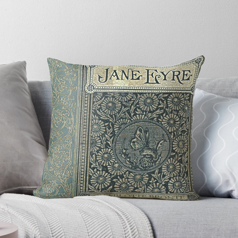 Vintage-inspired Jane Eyre book cover design printed on a cozy pillow