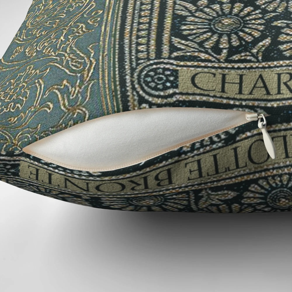 Vintage-inspired Jane Eyre book cover design printed on a cozy pillow