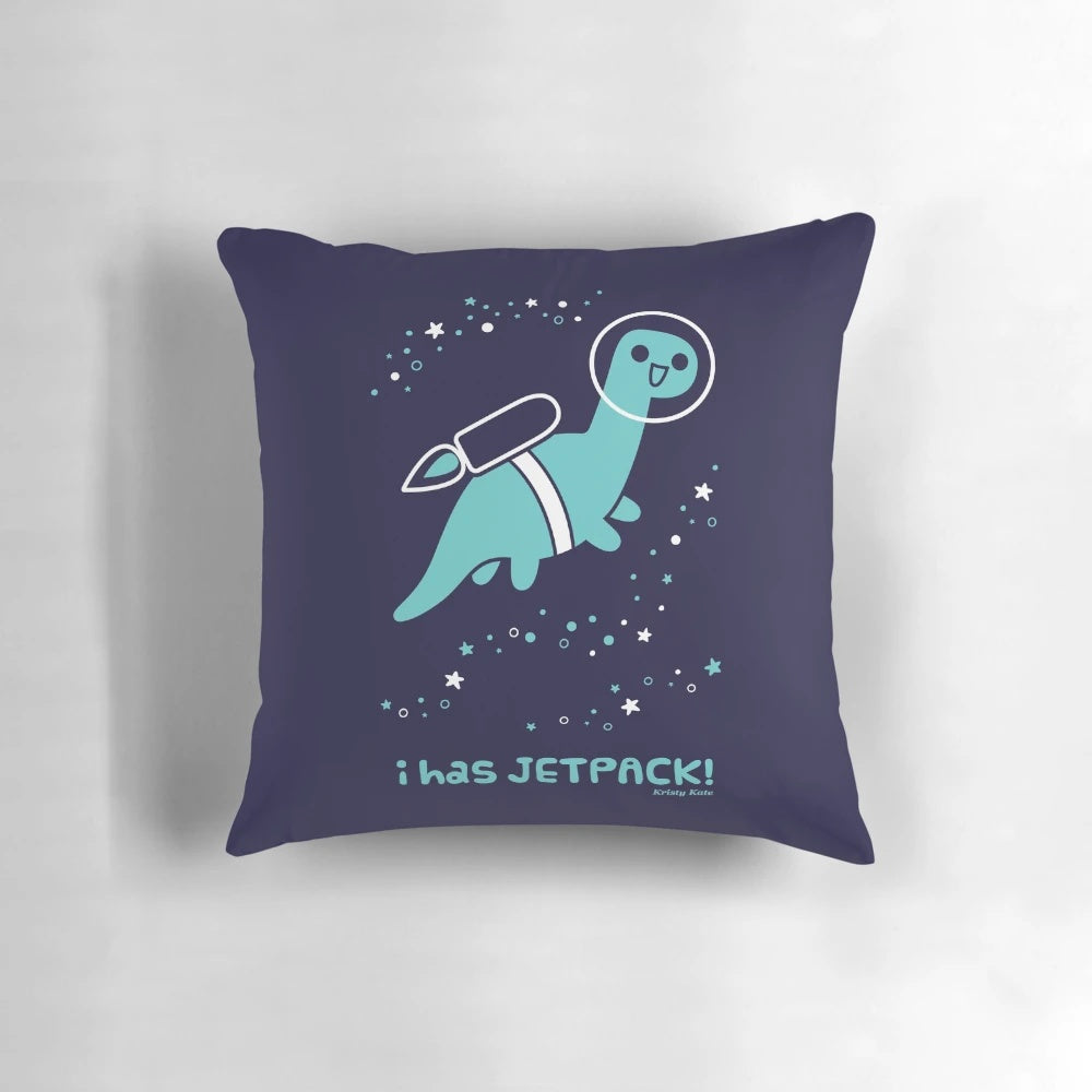 Teal pillow featuring a cute brontosaurus dinosaur wearing a jetpack and flying through a starry space background.