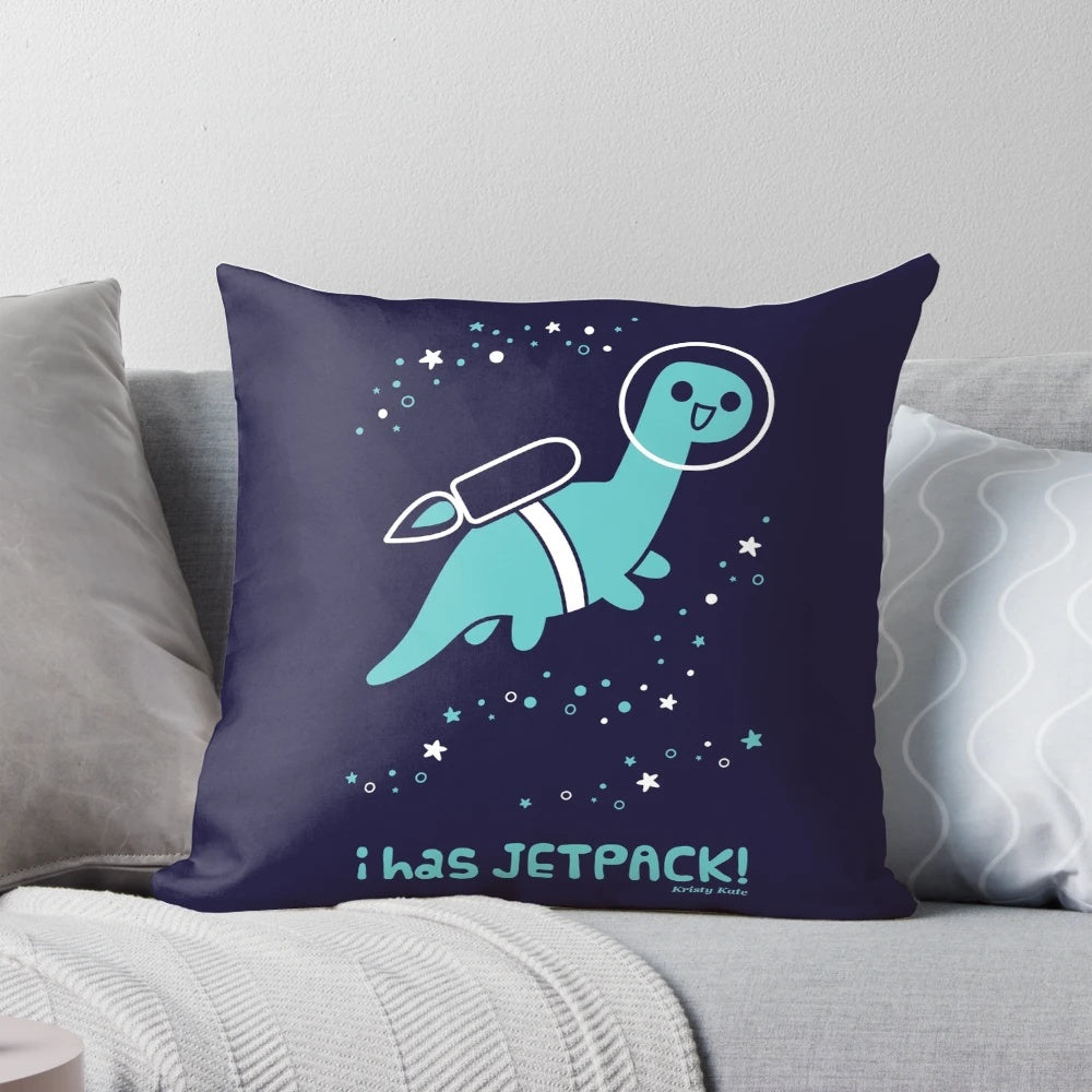 Teal pillow featuring a cute brontosaurus dinosaur wearing a jetpack and flying through a starry space background.